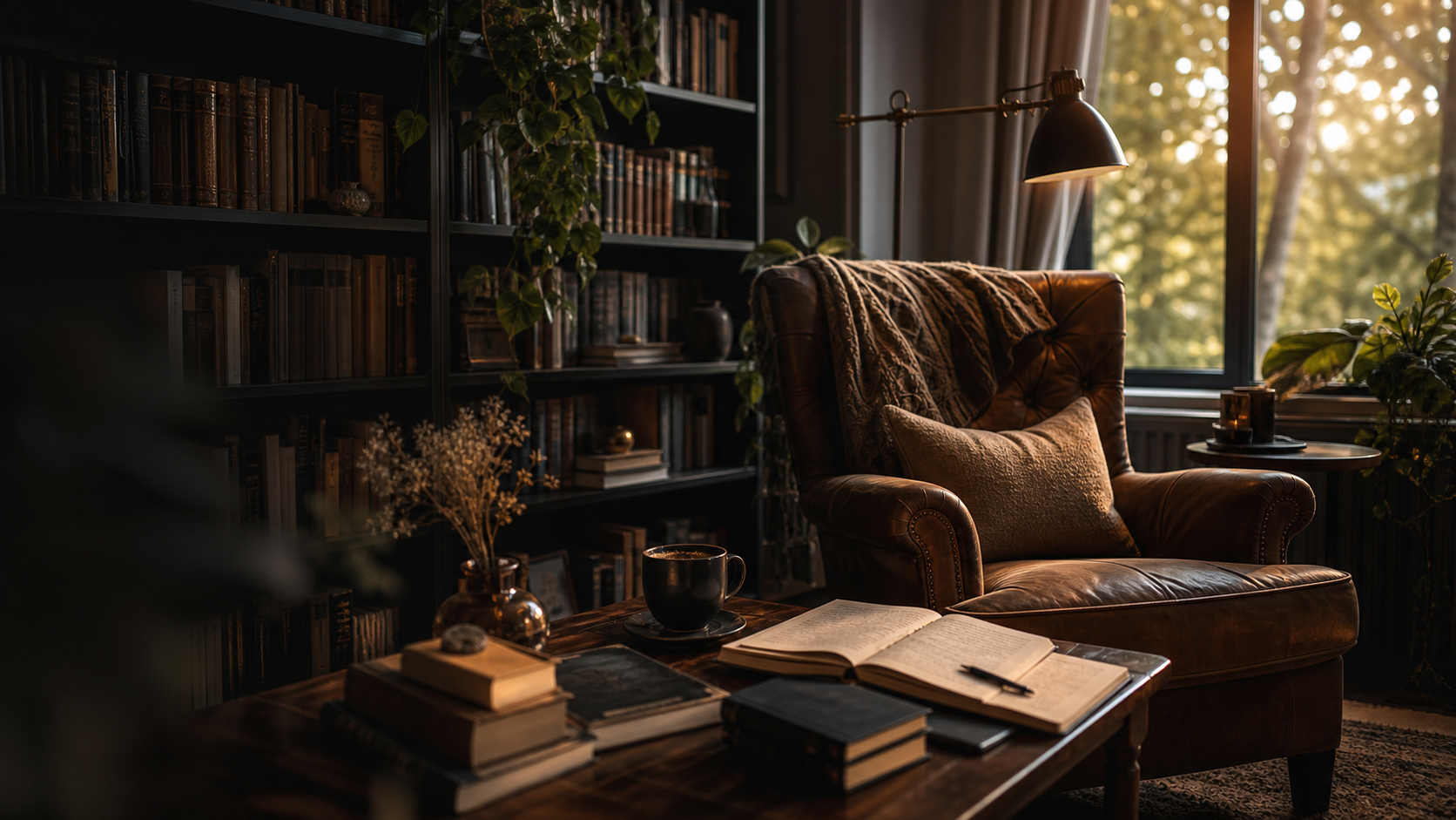 A warm editorial reading room with bookshelves, an armchair, and evening light.